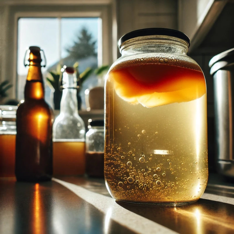 Close-up of a glass jar of kombucha with a floating SCOBY, highlighting the fermentation process on a kitchen countertop with natural light