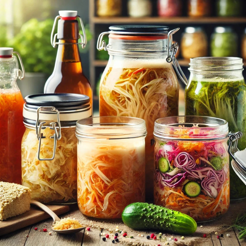 Various fermented foods such as sauerkraut, kimchi, kombucha, and yogurt in glass jars on a wooden kitchen table, showing vibrant colors of fermentation.