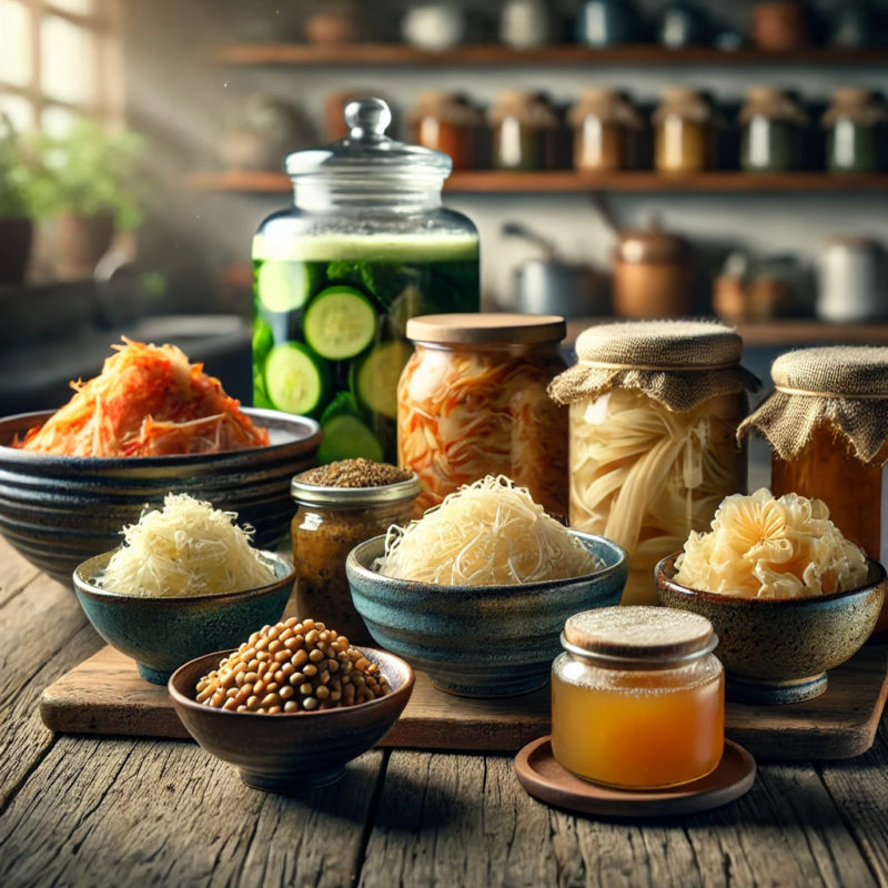 DALL·E 2024-10-06 16.40.23 - A realistic image showing a variety of fermented foods from different cultures arranged on a rustic wooden table. The display includes kimchi in a cer